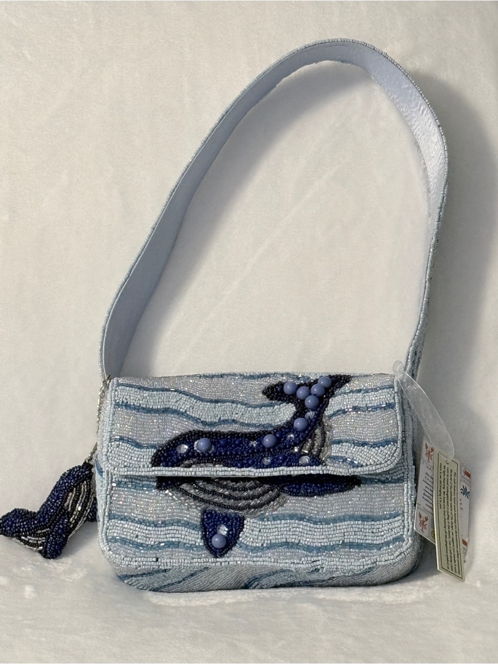 Handcrafted in India Beaded Whale Light Blue Shoulder Bag